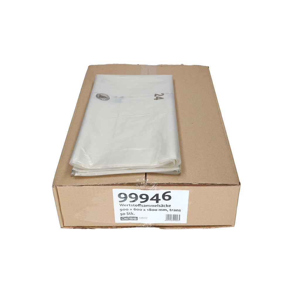 Ein Karton der EMIL DEISS KG (GmbH + Co.) DEISS 99946 Typ 80 transparent Müllsäcke, 900+600x1800 mm, Karton mit 50 Rollen, wird auf einem schlichten weißen Hintergrund präsentiert.