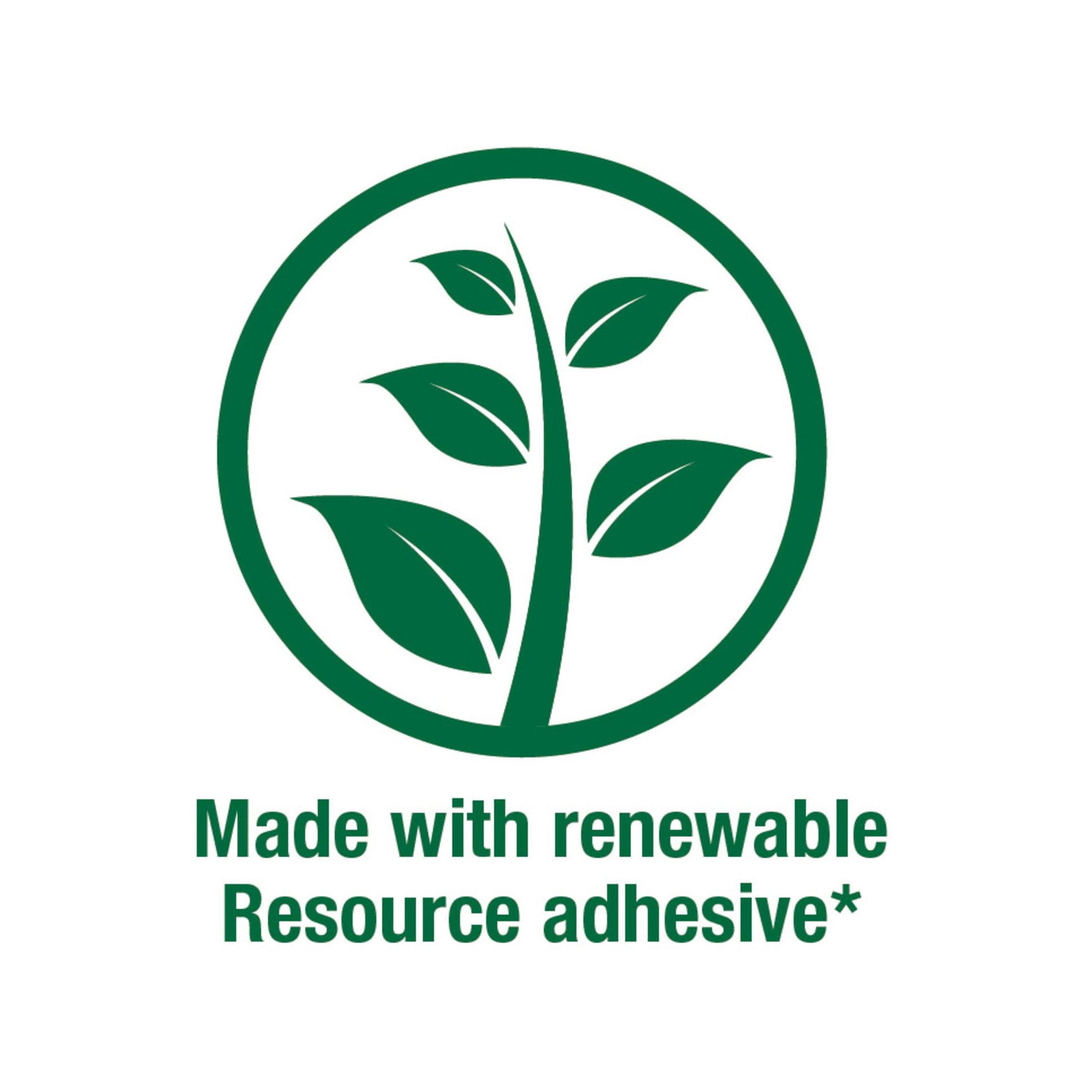 Ein grünes Pflanzensymbol in einem Kreis mit dem Text "Hergestellt mit Klebstoff aus nachwachsenden Rohstoffen*" darunter erscheint auf den Post-it® Notes von 3M im Großformat, Gelb, Liniert, 101 mm x 101 mm, 100% PEFC-zertifiziert.