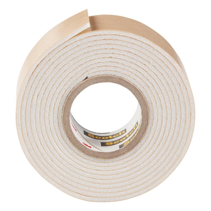 A roll of 3M Deutschland GmbH Scotch-FIX™ Mirror Mounting Tape 4496W with a partially peeled brown backing is seen from above on a white background, spirally wound, with a visible brand label inside the core.