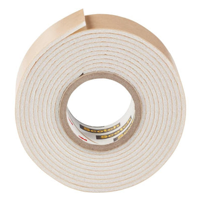 A roll of 3M Deutschland GmbH Scotch-FIX™ Mirror Mounting Tape 4496W with a partially peeled brown backing is seen from above on a white background, spirally wound, with a visible brand label inside the core.
