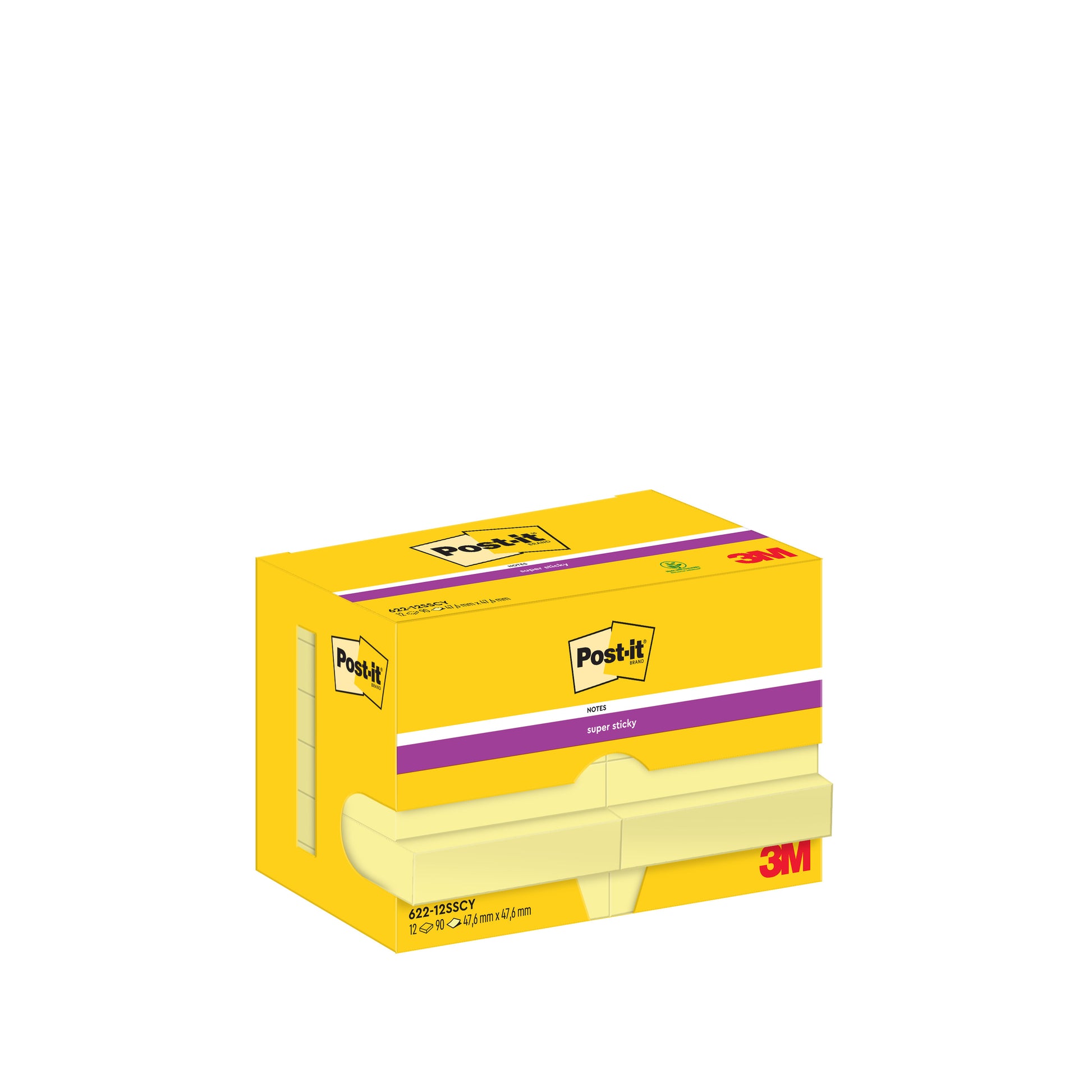 Eine gelbe Post-it® Super Sticky Notes Box (47,6 x 47,6 mm, 90 Blatt/Pad, 100% PEFC) der 3M Deutschland GmbH zeigt die Logos von Post-it und 3M mit einem violetten Streifen und Produktangaben auf der Verpackung.