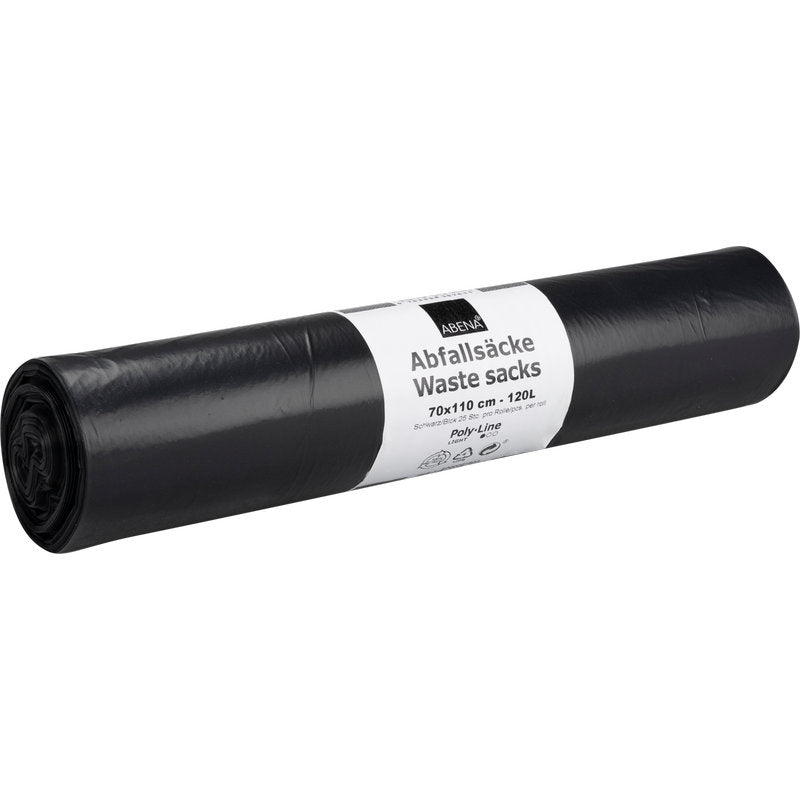 A roll of black LDPE garbage bags from Abena Re-Seller GmbH (120 L, 700x1100mm, 34 my, 25 bags) bears a white label with brand, size, and capacity in German and English.