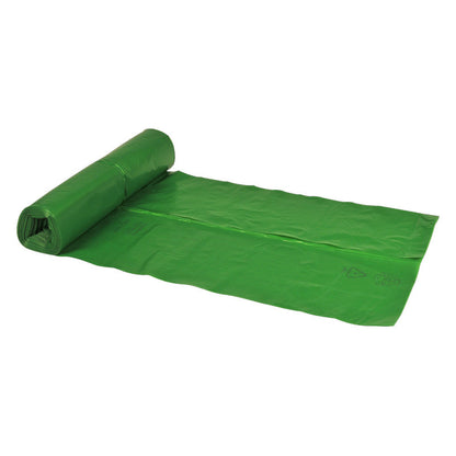 A partially unrolled green Abena Re-Seller GmbH garbage bag 70 L, 575x1000 mm, 32 my LDPE liner lies on a white background, with the rest of the roll - perfect for efficient waste disposal.