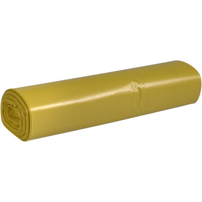 A roll of Abena Re-Seller GmbH garbage bags 70 L (575x1000 mm, 32 my LDPE) lies horizontally on a white background. The smooth, shiny yellow bags are tightly packed and ideal for efficient waste disposal.