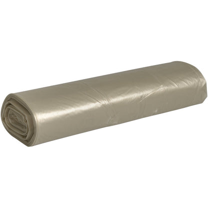 A roll of Abena Re-Seller GmbH garbage bags 70 L (575x1000 mm, 32 my LDPE) in beige is tightly wrapped and placed on a white surface - perfect for efficient waste disposal.