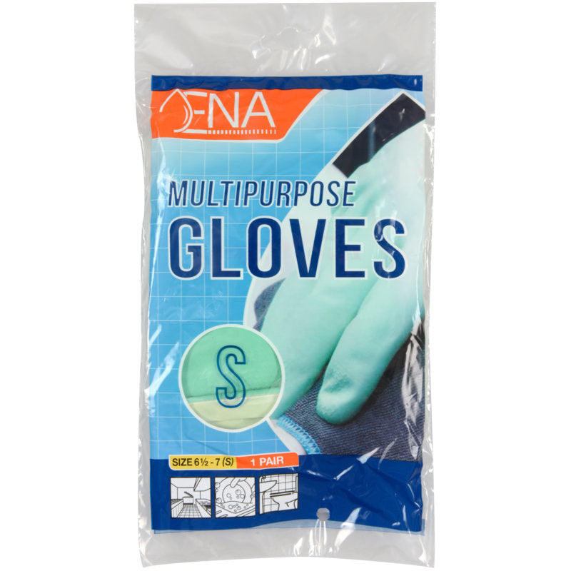 A pack of ENA Multipurpose Household Gloves Latex, Yellow from Abena Re-Seller GmbH, small size, shows a yellow glove and displays text and graphics on a blue background, containing one pair.