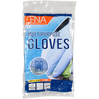 A clear plastic package labeled "ENA Multipurpose Household Gloves Latex, Yellow" shows a hand in a yellow glove. The packaging from Abena Re-Seller GmbH is size M (7-7.5), contains a pair, and is suitable for home use.