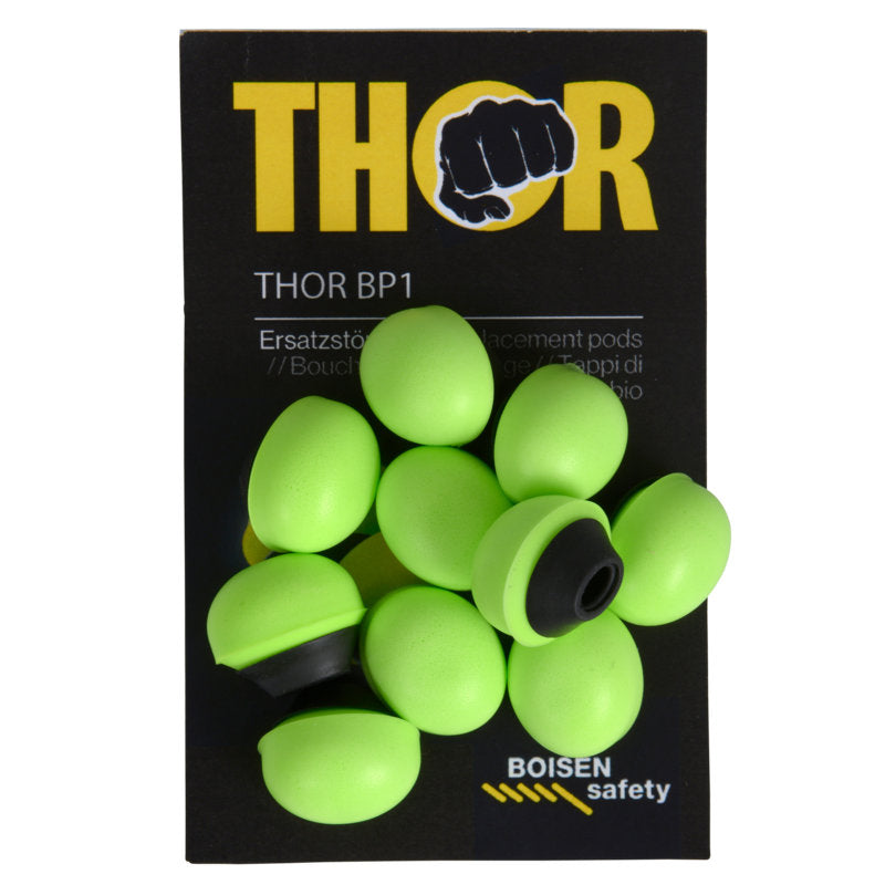 Eine Packung mit der Aufschrift "Thor Refill für Bügelgehörschutz (812011)" der Abena Re-Seller GmbH enthält 60 Paar hellgrüne Ersatzstöpsel, teilweise mit schwarzen Innenteilen, die auf der Nachfüllpackung angeordnet sind.