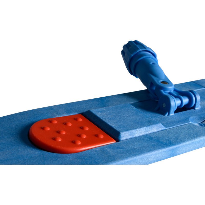 Close-up of the magnetic folding holder from Abena Re-Seller GmbH, showing a blue plastic surface with a raised orange textured pad on the left and a blue adjustable arm mechanism on the right.