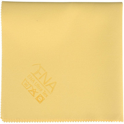 A square, light yellow ENA Ultra Tex PU cloth (38x37 cm) from Abena Re-Seller GmbH made of microfiber with a serrated edge and care symbols plus logo in one corner - perfect for streak-free cleaning.