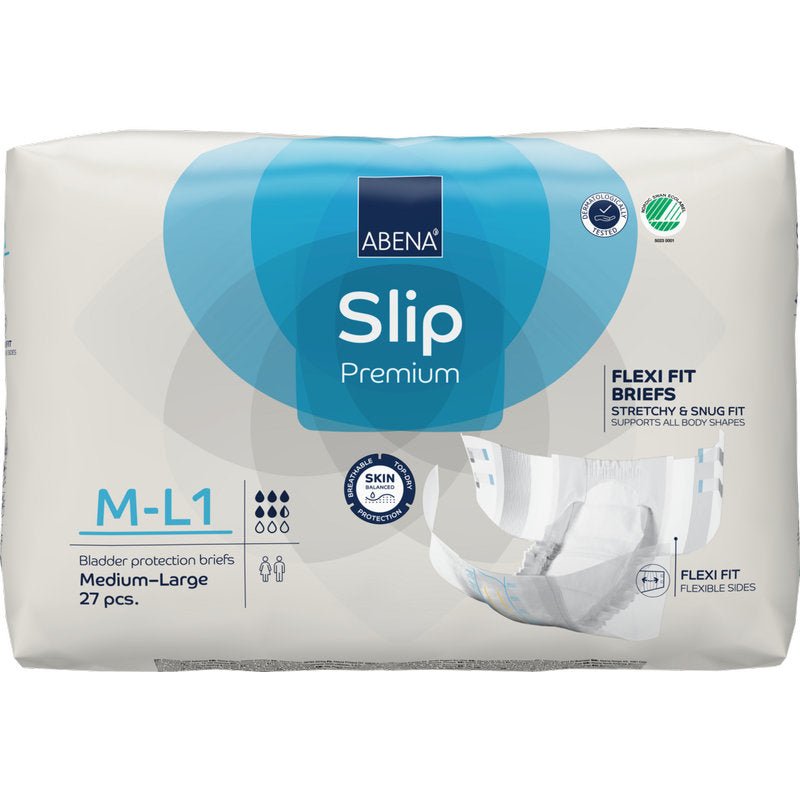 Pacáiste de ABENA Slip Flexi Fit M-L Premium ó Abena Re-Seller GmbH, 27 píosa, cuireann sé oiriúnacht sholúbtha agus cosaint craicinn ar fáil. Taispeántar íomhá táirge den slip ar thaobh na láimhe deise den phacáistiú.