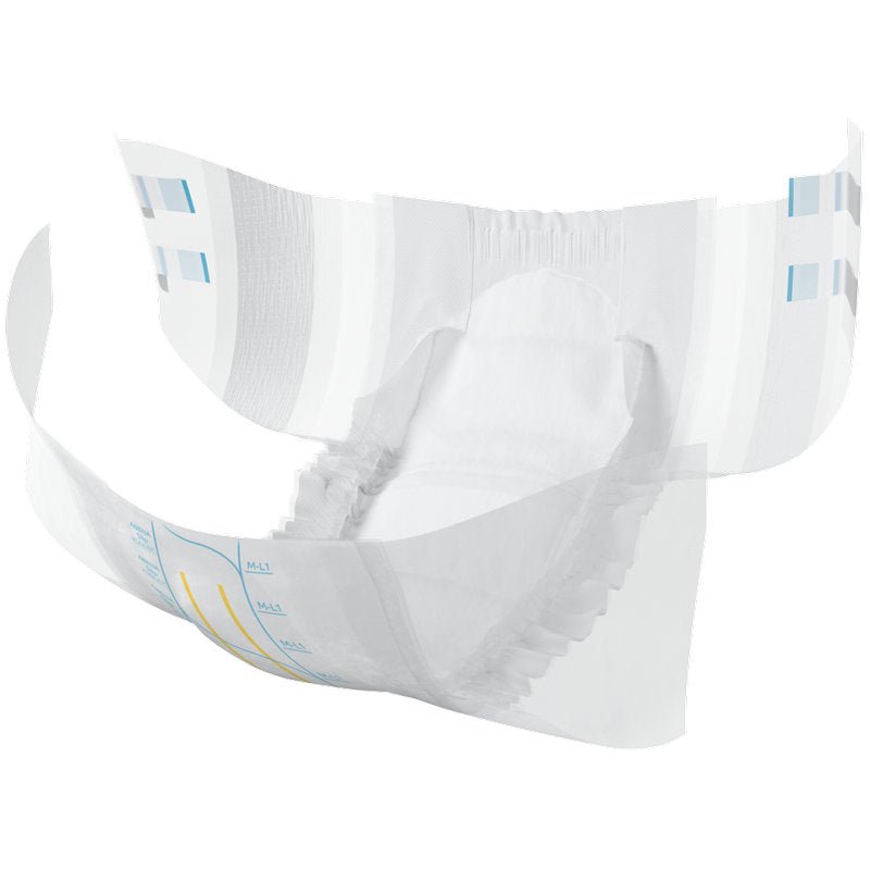 Tugann ABENA Slip Flexi Fit M-L Premium ó Abena Re-Seller GmbH leaisteacha coise, línéadach bog istigh, marcálacha daite lasmuigh agus oiriúnacht sholúbtha le limistéar ionsúite oscailte agus crios coime.