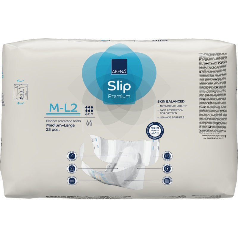 Pacáiste 25 ABENA Slip Flexi Fit M-L Premium slips incontinence do dhaoine fásta ó Abena Re-Seller GmbH. Cuireann an pacáistiú bán den chuid is mó le gorm béim ar oiriúnacht sholúbtha agus eolas táirge soiléir ar an tosaigh.