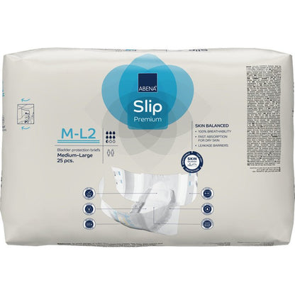 Pacáiste 25 ABENA Slip Flexi Fit M-L Premium slips incontinence do dhaoine fásta ó Abena Re-Seller GmbH. Cuireann an pacáistiú bán den chuid is mó le gorm béim ar oiriúnacht sholúbtha agus eolas táirge soiléir ar an tosaigh.