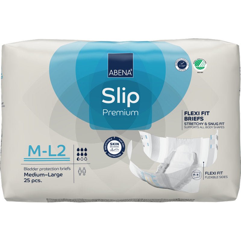 ABENA Slip Flexi Fit M-L Premium ó Abena Re-Seller GmbH, pacáiste le 25 slip do dhaoine fásta. Cuireann sé oiriúnacht sholúbtha agus cáilíocht préimhe ar fáil, le siombailí ionsúiteachta agus brandaíocht ar chúlra bán agus gorm.