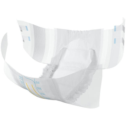 Is diaper do dhaoine fásta le oiriúnacht sholúbtha, leaisteacha coise, pád ionsúite agus táscaire taise í ABENA Slip Flexi Fit M-L Premium ó Abena Re-Seller GmbH - le feiceáil go hoscailte ar chúlra bán.