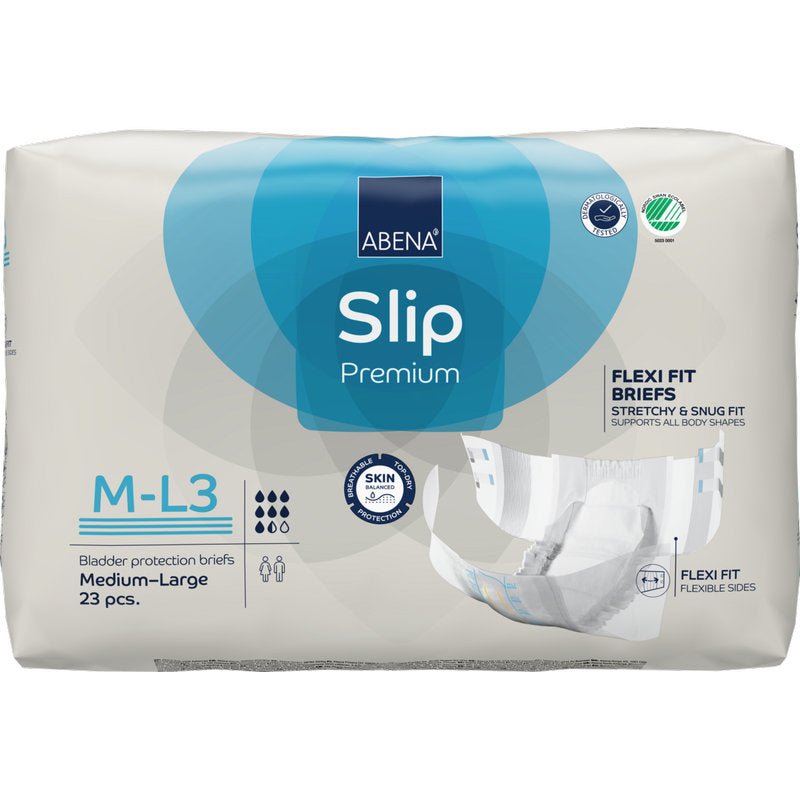 Pacáiste de ABENA Slip Flexi Fit M-L Premium ó Abena Re-Seller GmbH, 23 píosa. Cuireann an pacáistiú béim ar cháilíocht préimhe, oiriúnacht sholúbtha, cosaint craicinn agus ard-ionsúiteacht le híomhánna agus deilbhíní.