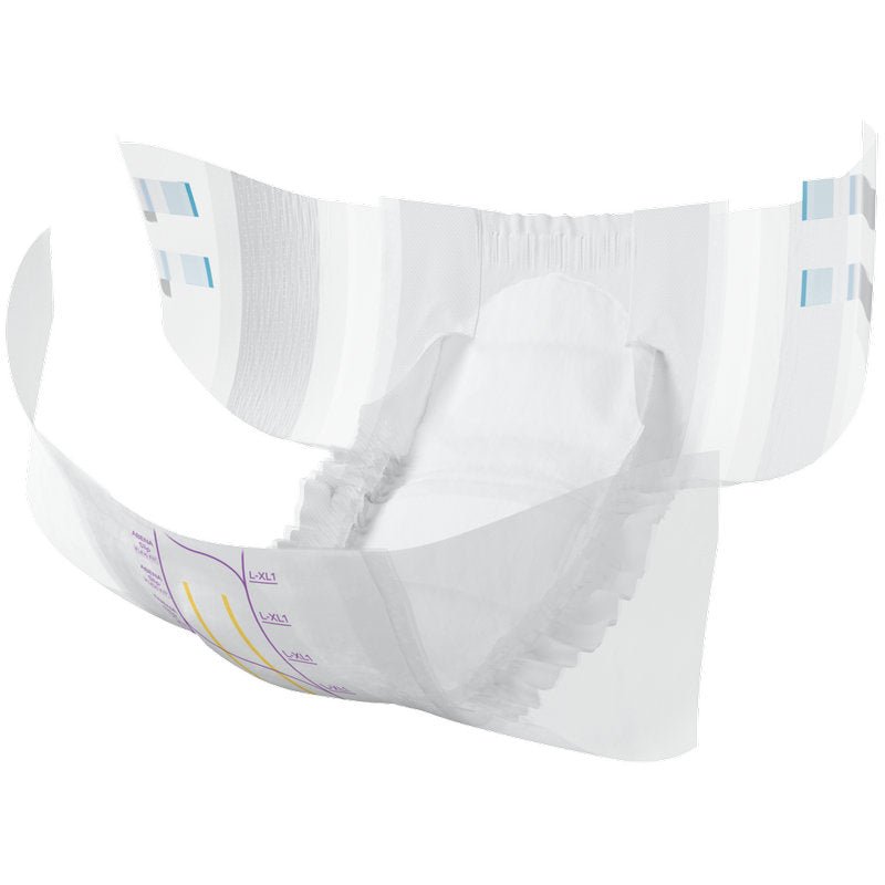 Is diaper incontinence do dhaoine fásta é an ABENA Slip Flexi Fit M-L Premium ó Abena Re-Seller GmbH le oiriúnacht solúbtha, leaisteacha cos, croí ionsúite bán chomh maith le stríoca marcála gorm agus corcra.