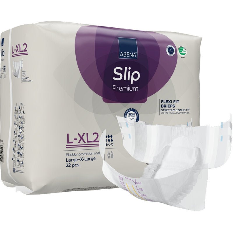 Pacáiste de ABENA Slip Flexi Fit M-L Premium ó Abena Re-Seller GmbH (22 píosa). Taispeántar diaper incontinence do dhaoine fásta lasmuigh den phacáiste chun a oiriúnacht solúbtha agus a ghnéithe dearaidh a thaispeáint.