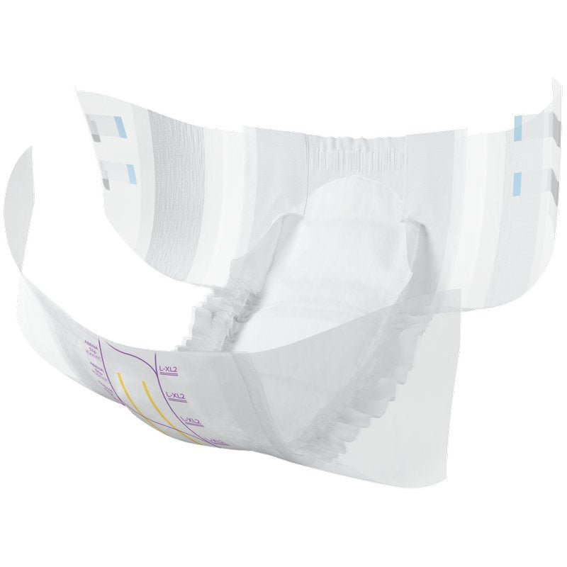 Is diaper incontinence oscailte do dhaoine fásta é an ABENA Slip Flexi Fit M-L Premium ó Abena Re-Seller GmbH le cófraí leaisteacha agus banda le haghaidh oiriúnacht solúbtha chomh maith le méideanna priontáilte agus tabs greamaitheacha gorm ar na taobhanna.