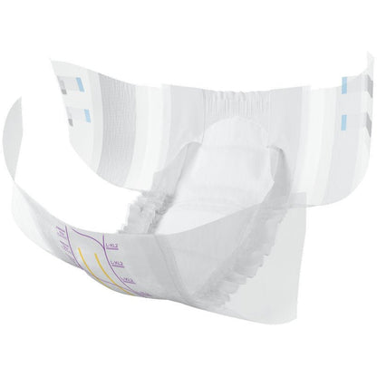 Is diaper incontinence oscailte do dhaoine fásta é an ABENA Slip Flexi Fit M-L Premium ó Abena Re-Seller GmbH le cófraí leaisteacha agus banda le haghaidh oiriúnacht solúbtha chomh maith le méideanna priontáilte agus tabs greamaitheacha gorm ar na taobhanna.