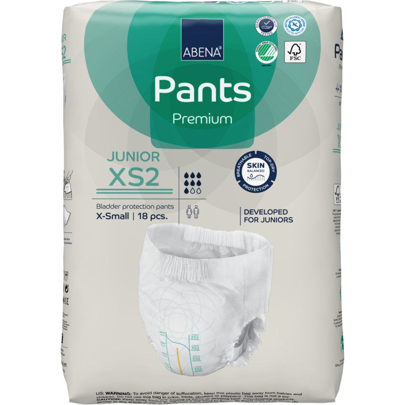 Die ABENA Pants Junior Premium, Gr. XS2 der Abena Re-Seller GmbH enthält 18 Paar pro Packung; auf der Verpackung sind Icons für Hautschutz, FSC-Zertifizierung, Größe und Saugfähigkeit angebracht.