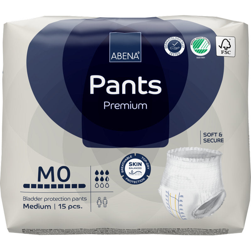 Ein 15er-Pack ABENA Pants Premium M der Abena Re-Seller GmbH zeichnet sich durch hohe Saugfähigkeit, "soft & secure" und "skin-friendly" Eigenschaften aus, mit Produkt- und Nachhaltigkeitssymbolen auf der Verpackung.