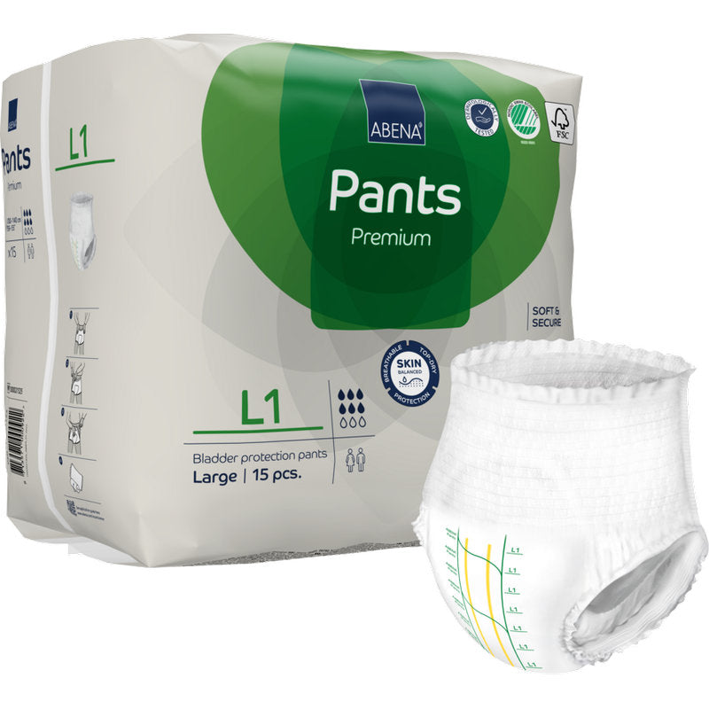 Ein 15er-Pack ABENA Pants Premium L von Abena Re-Seller GmbH bietet zuverlässigen Auslaufschutz. Die weiß-grüne Verpackung zeigt eine einzelne Hose mit praktischen Messlinien auf der Vorderseite.