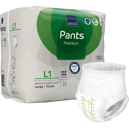 A 15-pack of ABENA Pants Premium L from Abena Re-Seller GmbH offers reliable leakage protection. The white-green packaging shows a single pant with practical measurement lines on the front.