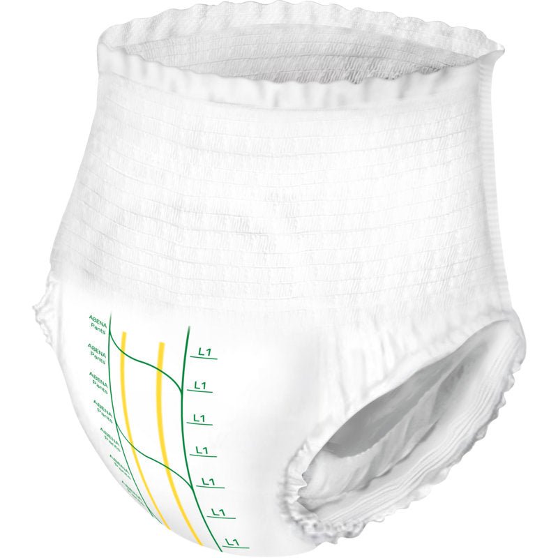 The unworn ABENA Pants Premium L from Abena Re-Seller GmbH is a disposable pant for adults with an elastic waistband and leg openings, green/yellow indicator lines, a numbered wetness scale, and provides reliable incontinence protection.