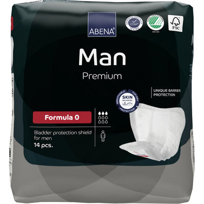 Pacáiste 14 phíosa ABENA Man Formula Premium ó Abena Re-Seller GmbH, Foirmle 0, le cosaint bhacainn uathúil agus lógónna deimhniúcháin atá cairdiúil don chraiceann ar an bpacáistiú.