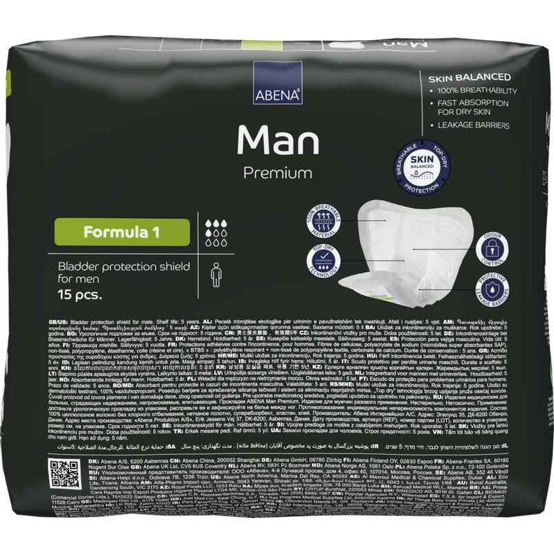 Pacáiste 15 phíosa ABENA Man Formula Premium ó Abena Re-Seller GmbH, i bpacáistiú simplí dubh le sonraí táirge agus íomhánna de chosaint éidéime d’fhir ar an tosaigh.