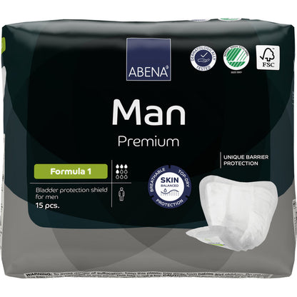 Cuireann pacáiste 15 phíosa ABENA Man Formula Premium ó Abena Re-Seller GmbH análaitheacht, cothromaíocht chraicinn agus cosaint bhacainn uathúil ar fáil le haghaidh cúram éidéime iontaofa d’fhir.