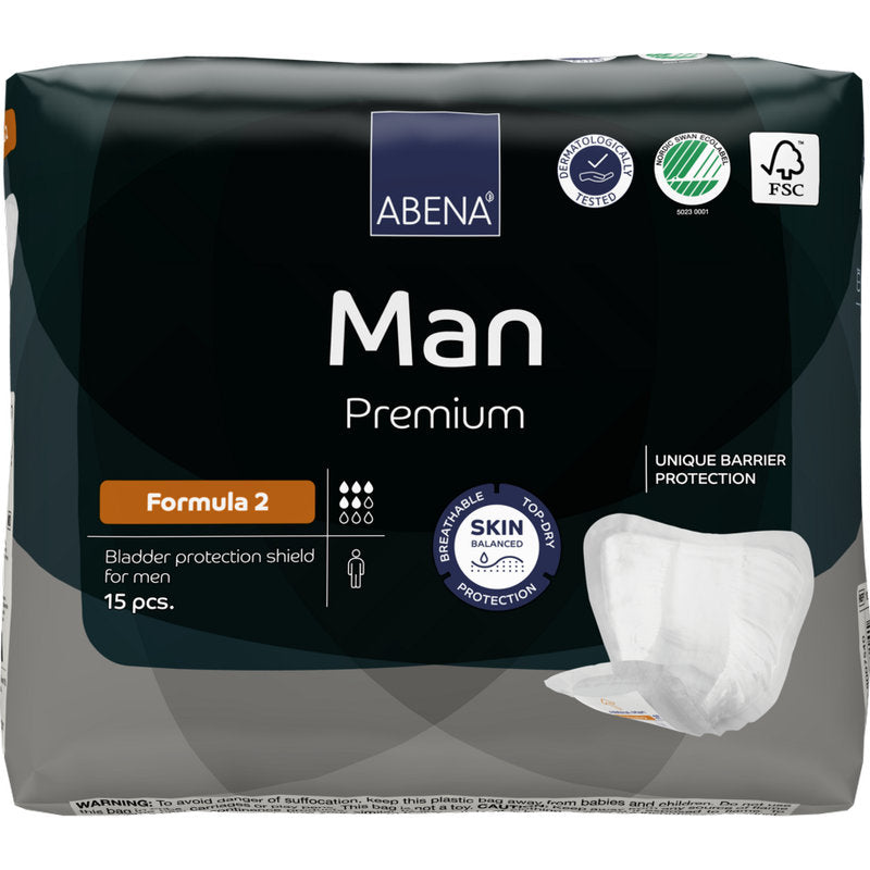 Tá pacáiste le 15 sciath cosanta lamhnán ABENA Man Formula Premium ó Abena Re-Seller GmbH feistithe le faisnéis táirge, lógónna deimhniúcháin agus íomhá den sciath ar an bpacáistiú.