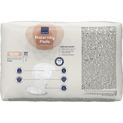 Tá pacáiste de ABENA Maternity Pad, Premium (15 píosa) ó Abena Re-Seller GmbH le feiceáil, le gnéithe ionsúiteachta, cothromaíocht craicinn agus cosaint sceite ar phacáiste ilteangach.