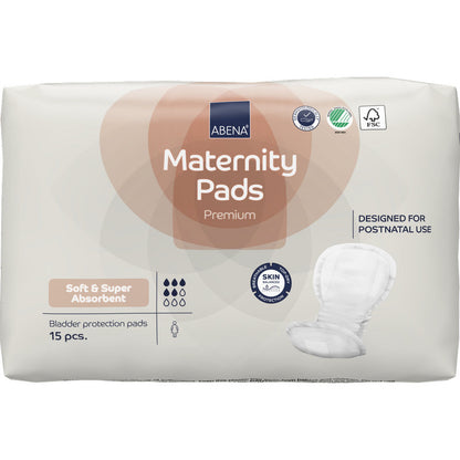 Tá 15 ceap bog, ionsúiteach i bpacáiste de ABENA Maternity Pad, Premium ó Abena Re-Seller GmbH do thréimhse tar éis breithe, agus tá siombailí deimhnithe le feiceáil ar an bpacáiste.