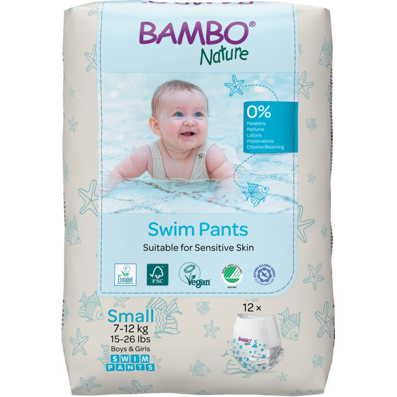 Tá na clúidíní snámha Bambo Nature, Gr. S, 7-12 kg (pacáiste de 12 phíosa) ó Abena Re-Seller GmbH saor ó pharabens agus cumhrán - foirfe do chraiceann íogair leanaí agus do shnámhóirí beaga le 7-12 kg.
