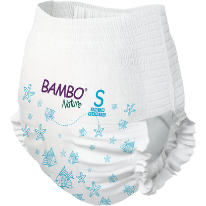 Tá na clúidíní snámha Bambo Nature, Gr. S, 7-12 kg (pacáiste de 12 phíosa) ó Abena Re-Seller GmbH clúidíní snámha bána le patrúin éisc agus réalta mara gorma chomh maith le crios leaisteacha agus foirceann coise. Foirfe do leanaí.