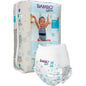 A pack of Bambo Nature swim diapers, size M, 12+ kg (12 pieces) by Abena Re-Seller GmbH features a swim diaper on the front and shows a smiling child in a swimsuit with raised arms on the packaging.