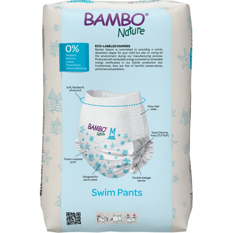A 12-pack of Bambo Nature swim diapers, size M (12+ kg) by Abena Re-Seller GmbH: white diapers with blue starfish motif, eco-labeled and free from parabens, lotions, and fragrances.