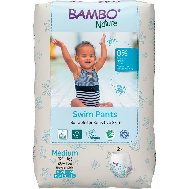 A pack of Bambo Nature swim diapers size M (12+ kg) by Abena Re-Seller GmbH contains 12 swim pants. Gentle, vegan, perfume and lotion-free - ideal for sensitive skin.