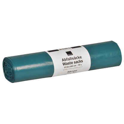 A rolled-up blue Abena Re-Seller GmbH LDPE garbage bag 70 L (575x1000 mm, 32 my) with a white label, ideal for waste disposal.