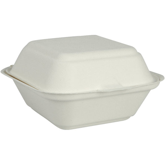 Die Abena Re-Seller GmbH Burgerbox Bagasse, Weiß ist ein geschlossener, weißer, rechteckiger Imbissbehälter mit Scharnierdeckel aus biologisch abbaubarer und umweltfreundlicher Verpackung.