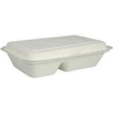 The menu box from Abena Re-Seller GmbH made of bagasse, 2-compartment in white (25x16.2x6.3 cm), biodegradable and packaged in a pack of 50 pieces, is depicted against a plain white background.