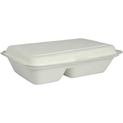 Die Menübox von Abena Re-Seller GmbH aus Bagasse, 2-geteilt in Weiß (25x16,2x6,3 cm), biologisch abbaubar und als Packung mit 50 Stück, ist vor schlichtem weißem Hintergrund abgebildet.