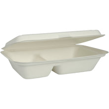 Depicted is an open, white rectangular Abena Re-Seller GmbH menu box (bagasse, 2-compartment, 25x16.2x6.3 cm) with an attached lid; it is biodegradable and comes in a pack of 50 pieces.