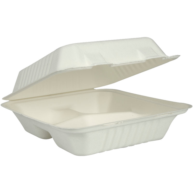 Die weiße Menübox aus Bagasse von Abena Re-Seller GmbH (3-geteilt, 22,3x20x7,8 cm) ist offen mit leicht angehobenem Deckel zu sehen und zeigt ihre drei Innenfächer. Packung à 50 Stück.