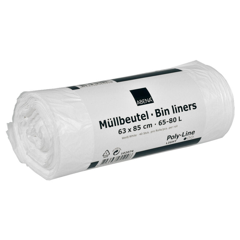 Rolla amháin de mhálaí bruscar Abena Re-Seller GmbH 65-80 L, 630x850 mm, 8 my HDPE i bán (40 mála), lipéadaithe le "Málaí bruscar - Bin liners" i nGearmáinis agus i mBéarla, taispeánta ar chúlra bán.