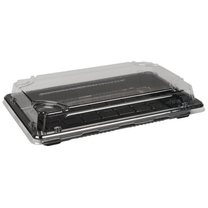 Der Abena Re-Seller GmbH Sushi-to-go Kombi-Pack ist ein rechteckiger Klappbehälter mit schwarzem Boden und durchsichtigem Deckel, der sich perfekt für die Präsentation und den Transport von frischem Sushi oder Desserts eignet.