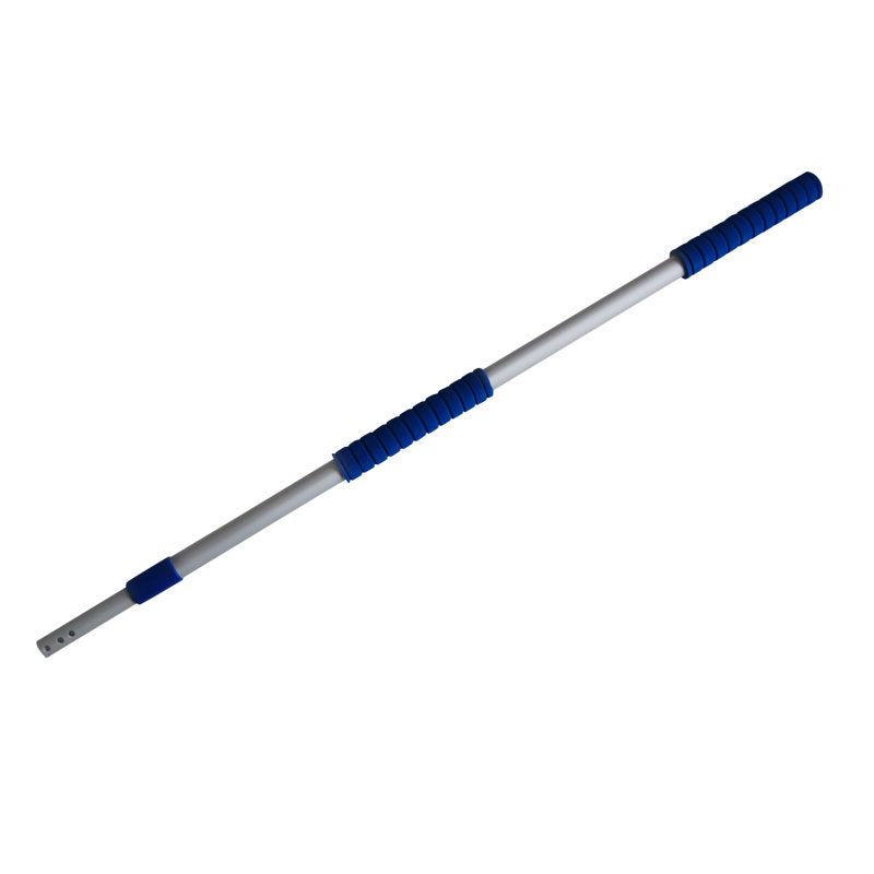 The Abena Re-Seller GmbH telescopic aluminum handle, standard, 100-180 cm, has a silver aluminum body with blue handles, an end grip, and mounting holes; available in boxes of 25 pieces.